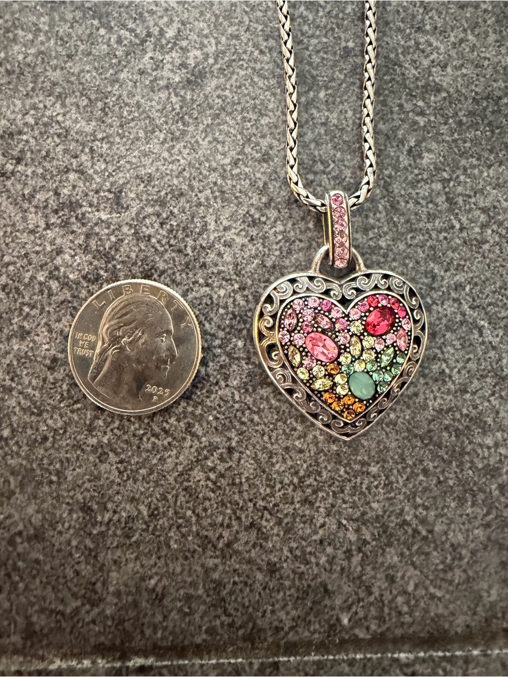 Brighton Retired Crystal Voyage Silver Heart Filigree Pendant Necklace - Picture 5 of 6